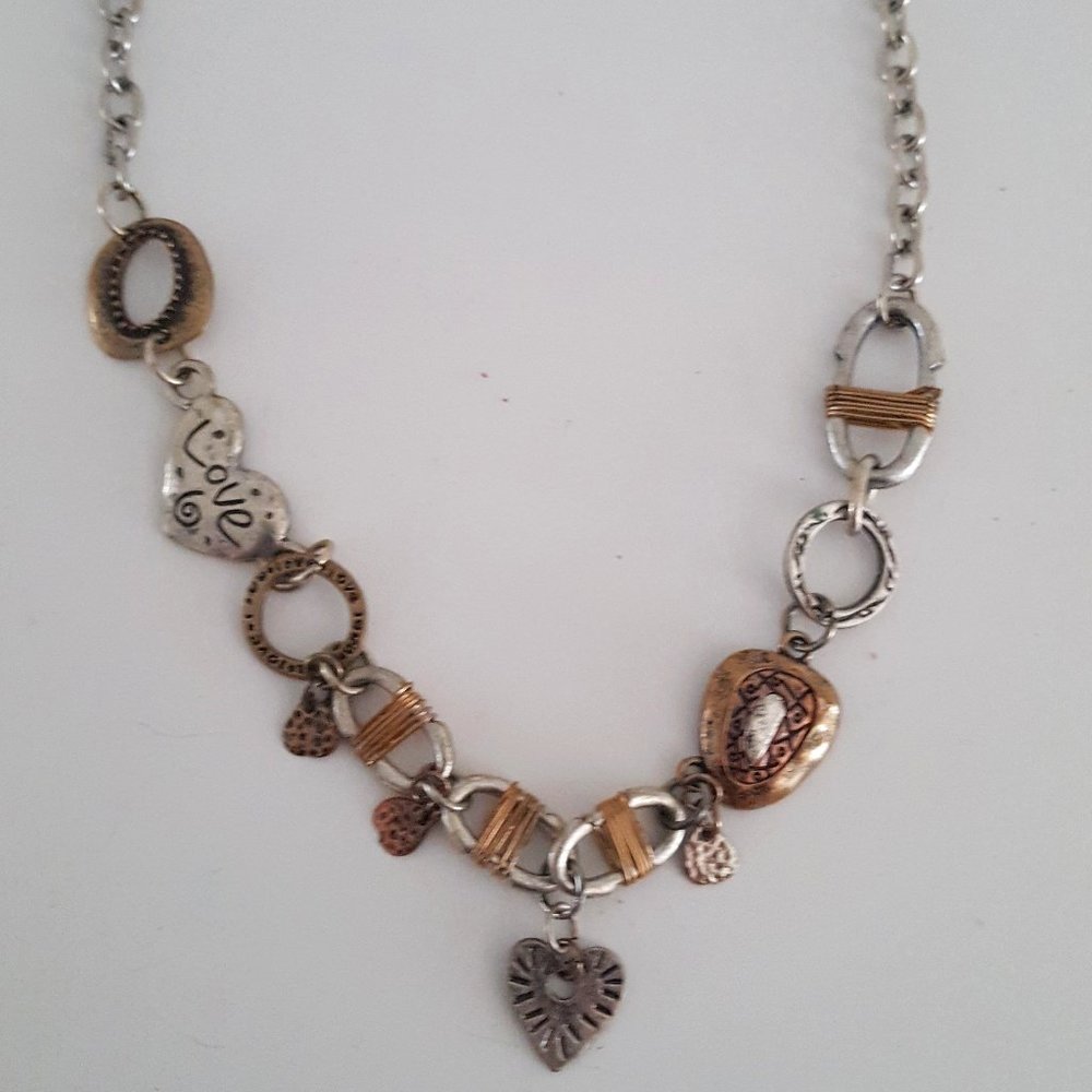 Multi-Tone Metal Necklace 16" Silver-Tone Chain Hearts/Love Valentines D…